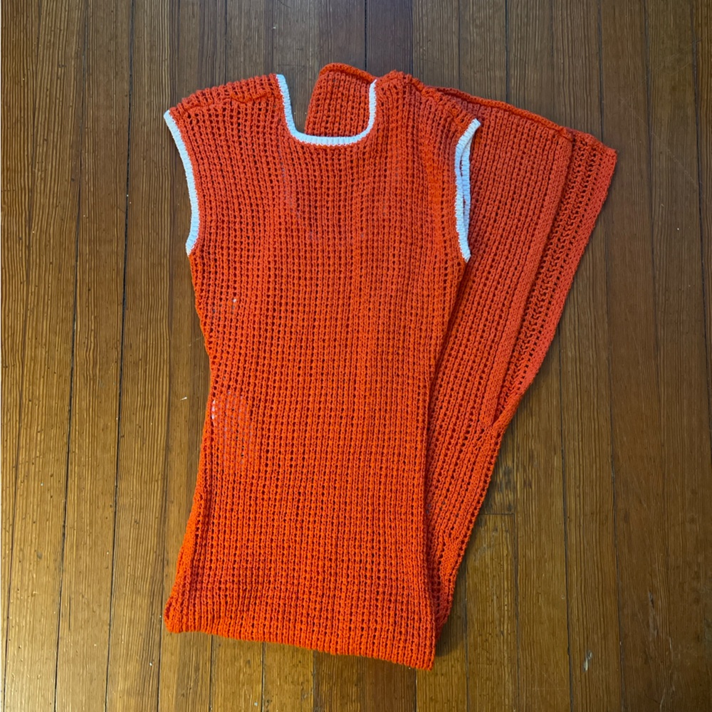 NWT La Porte Halse Window Pane Dress in Tangerine Tango Orange Crochet Knit Maxi - Picture 6 of 8